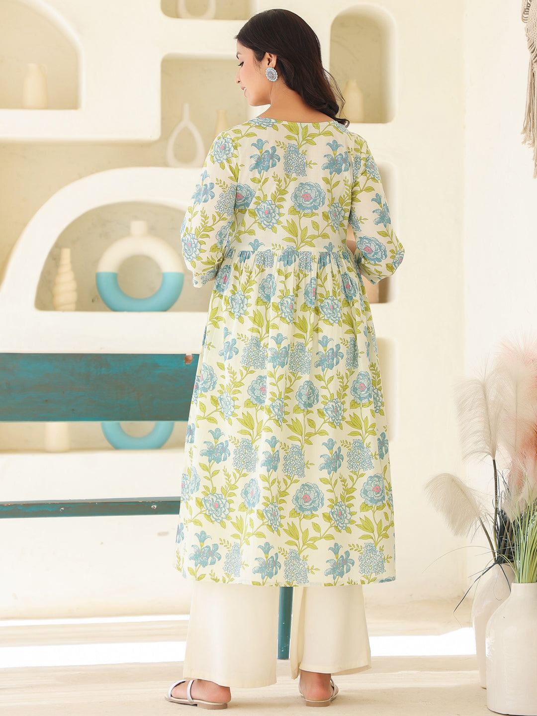 Off White Pure Cotton Floral Printed A-line Maternity Kurta