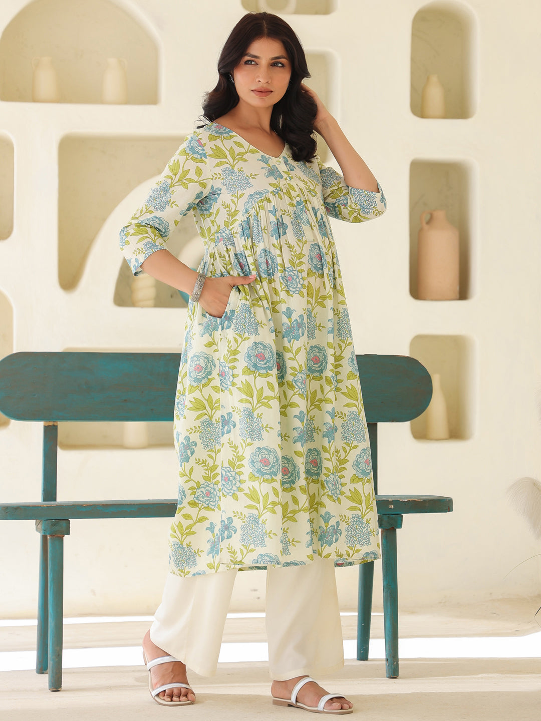 Off White Pure Cotton Floral Printed A-line Maternity Kurta