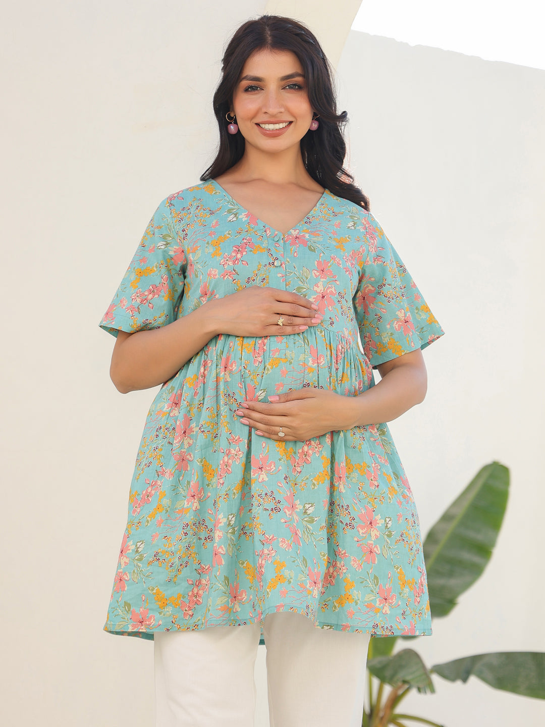 Blue Pure Cotton Floral Printed A-line Maternity Tunic
