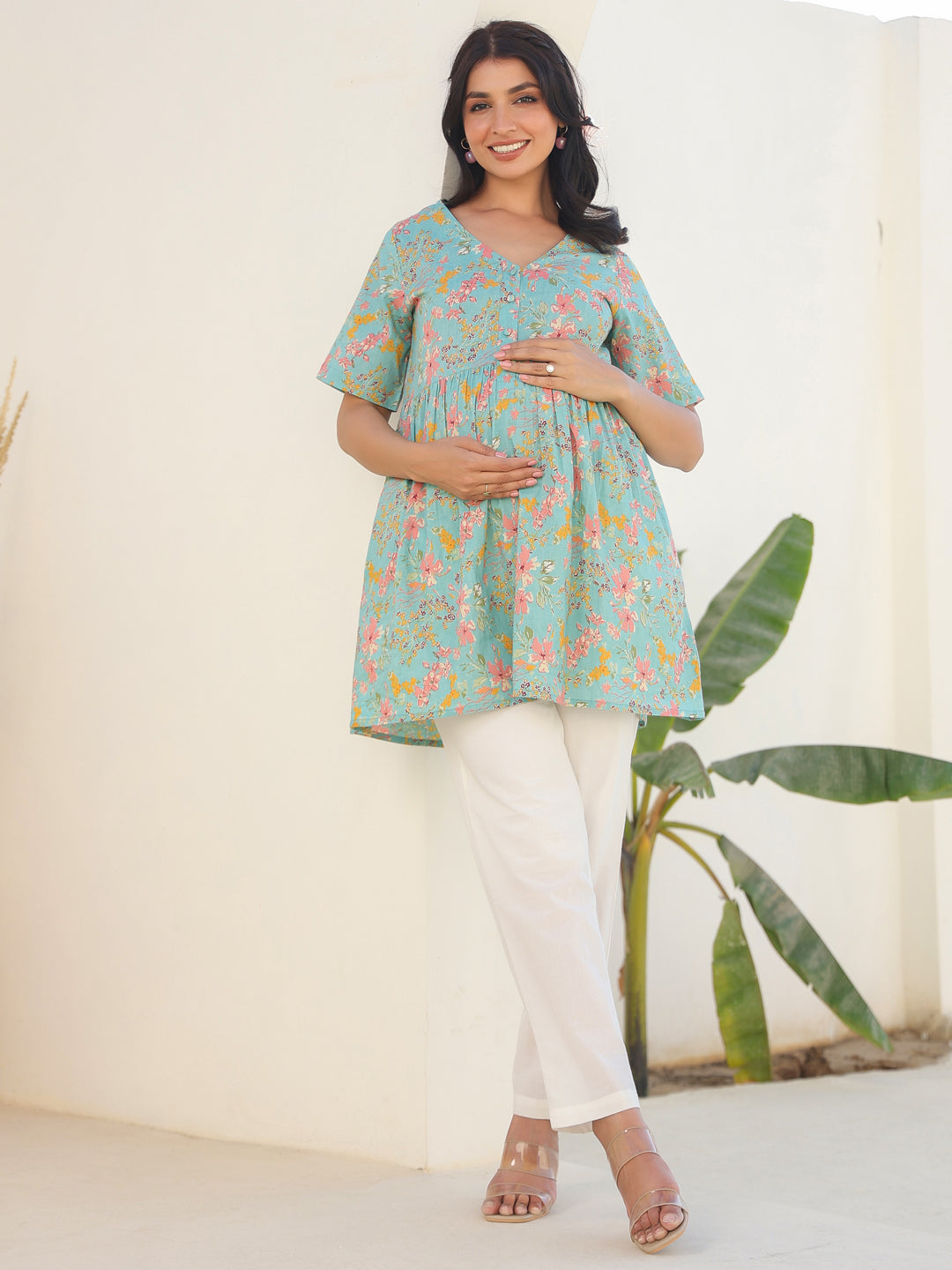 Blue Pure Cotton Floral Printed A-line Maternity Tunic