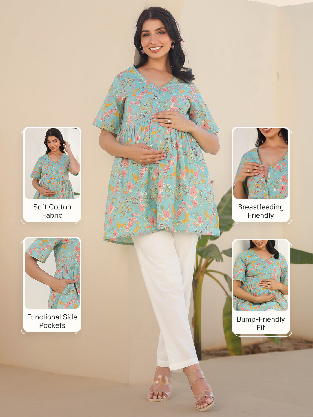 Blue Pure Cotton Floral Printed A-line Maternity Tunic