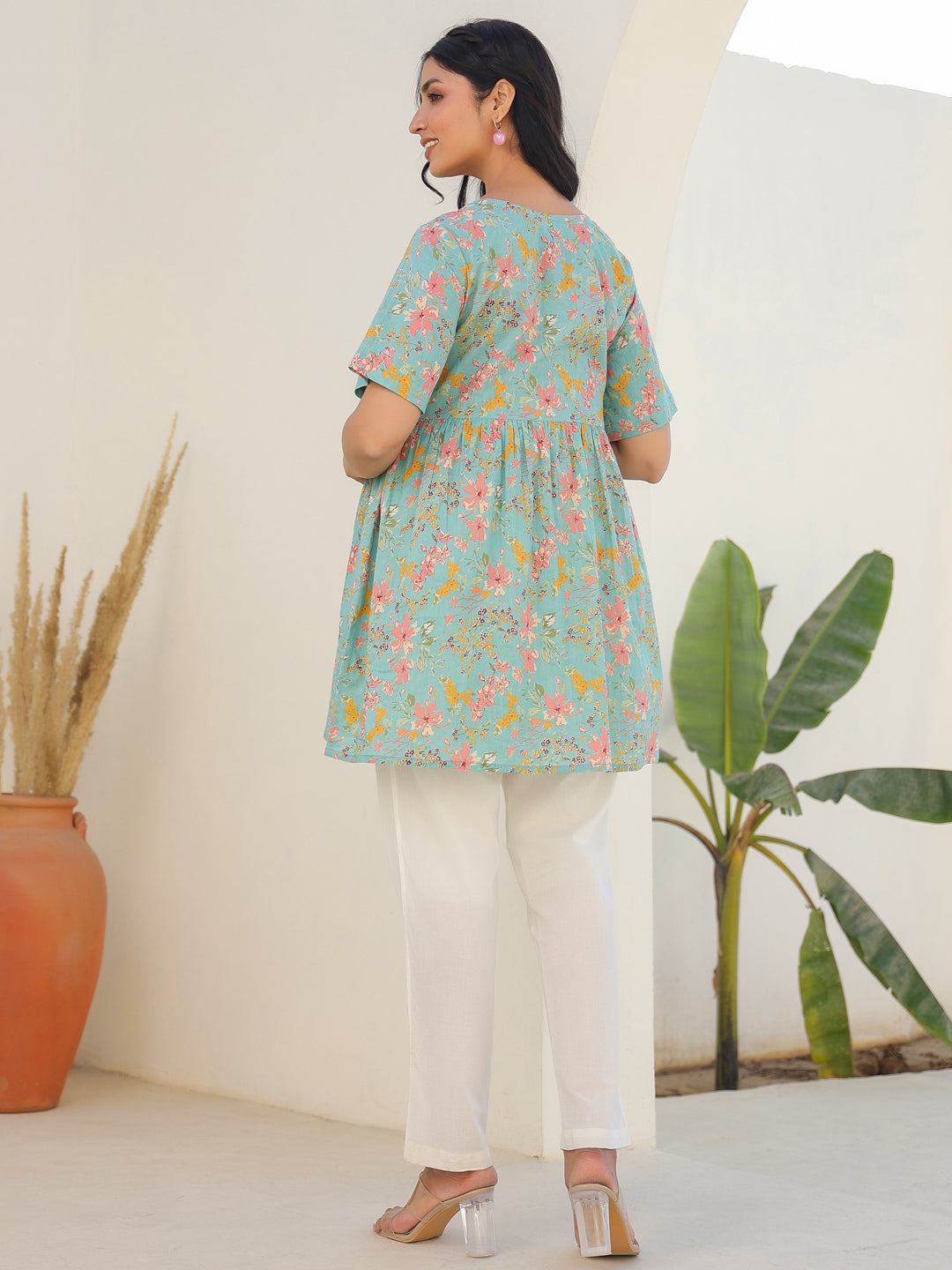 Blue Pure Cotton Floral Printed A-line Maternity Tunic
