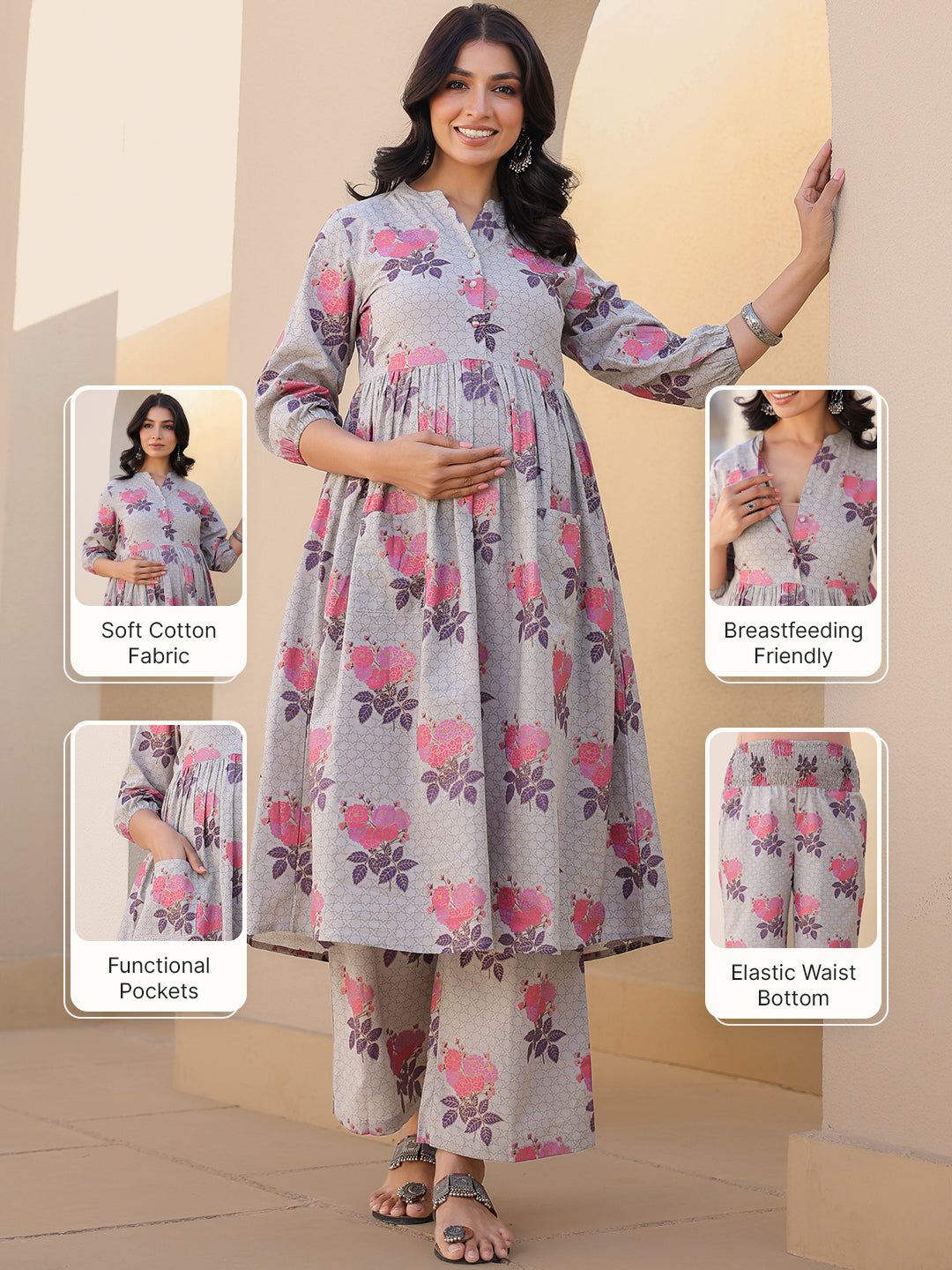 Grey Pure Cotton Foil Printed Flared Maternity Kurta Set