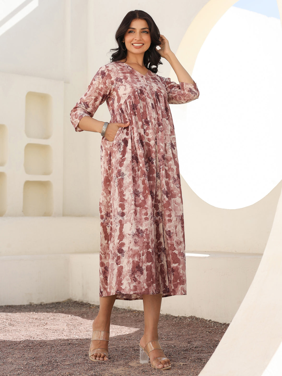 Mauve Pure Cotton Tie-dye A-line Maternity Dress