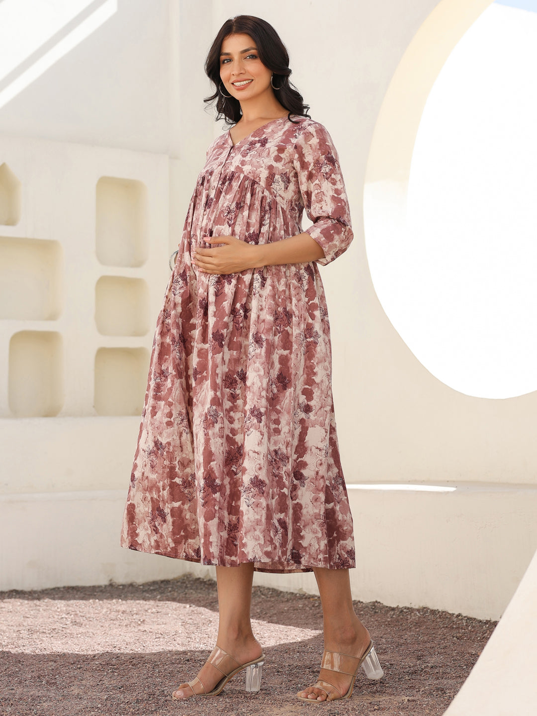 Mauve Pure Cotton Tie-dye A-line Maternity Dress