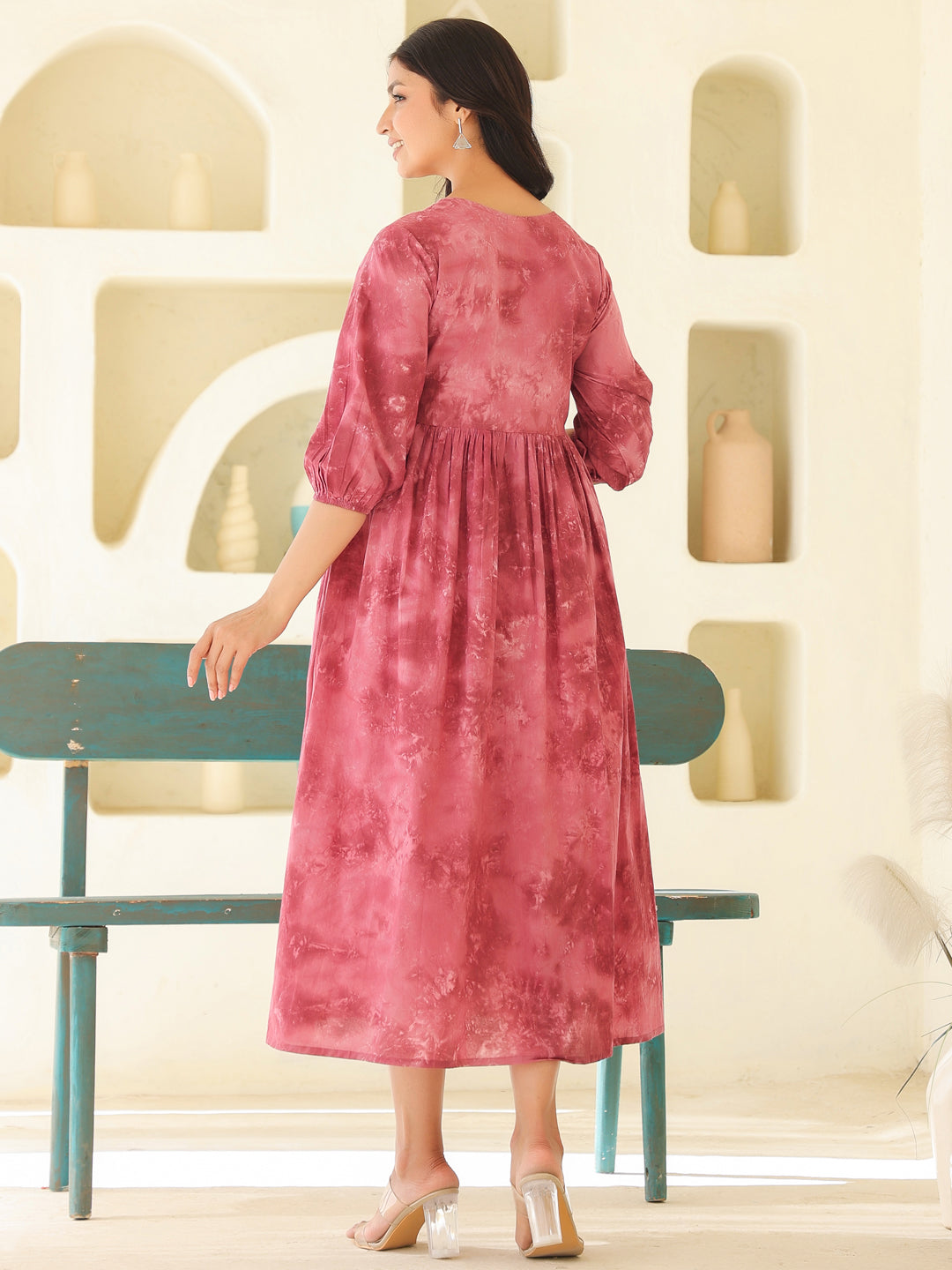 Mauve Pure Cotton Tie & Dye A-line Maternity Dress