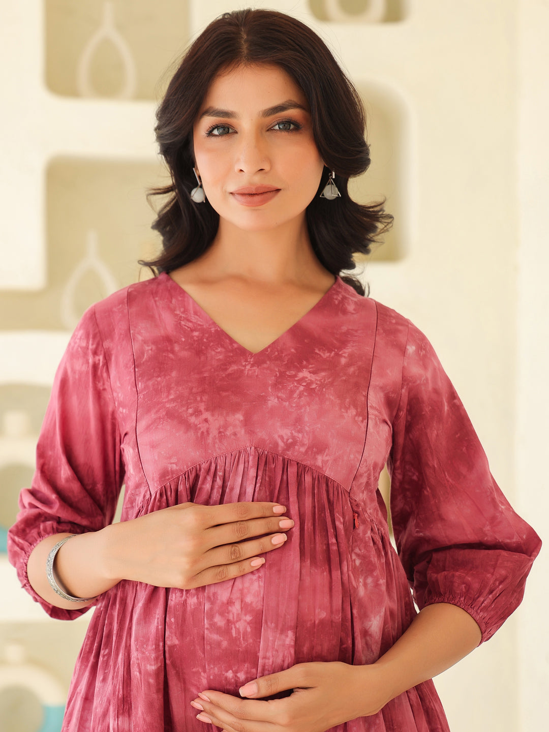 Mauve Pure Cotton Tie & Dye A-line Maternity Dress