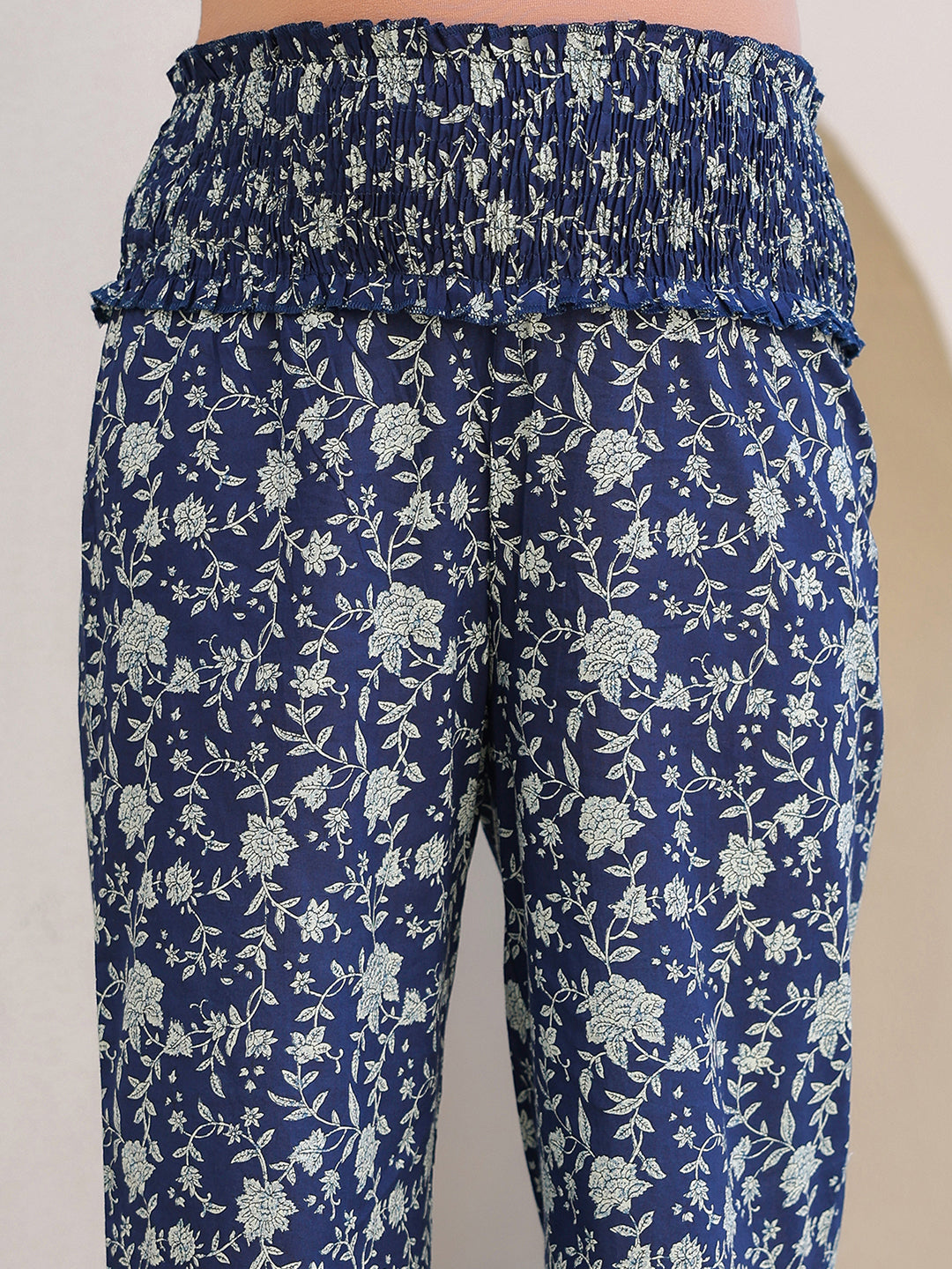 Indigo Pure Cotton Floral Printed Gathered Maternity Kurta Set