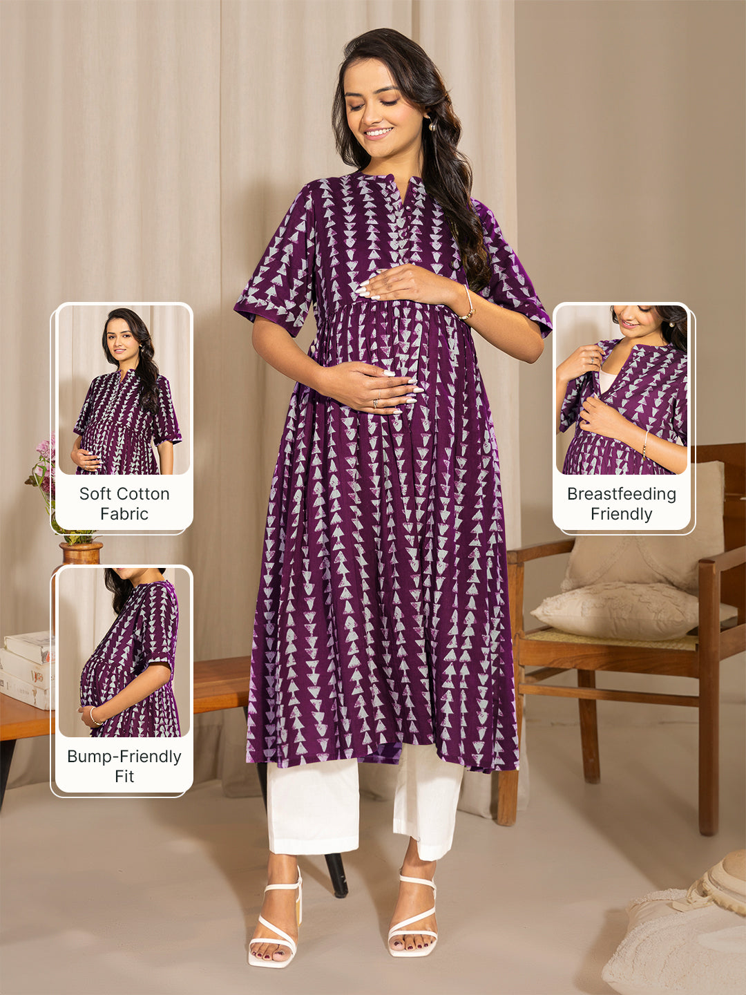 Wine Pure Cotton Geometric Printed A-Line Kurta