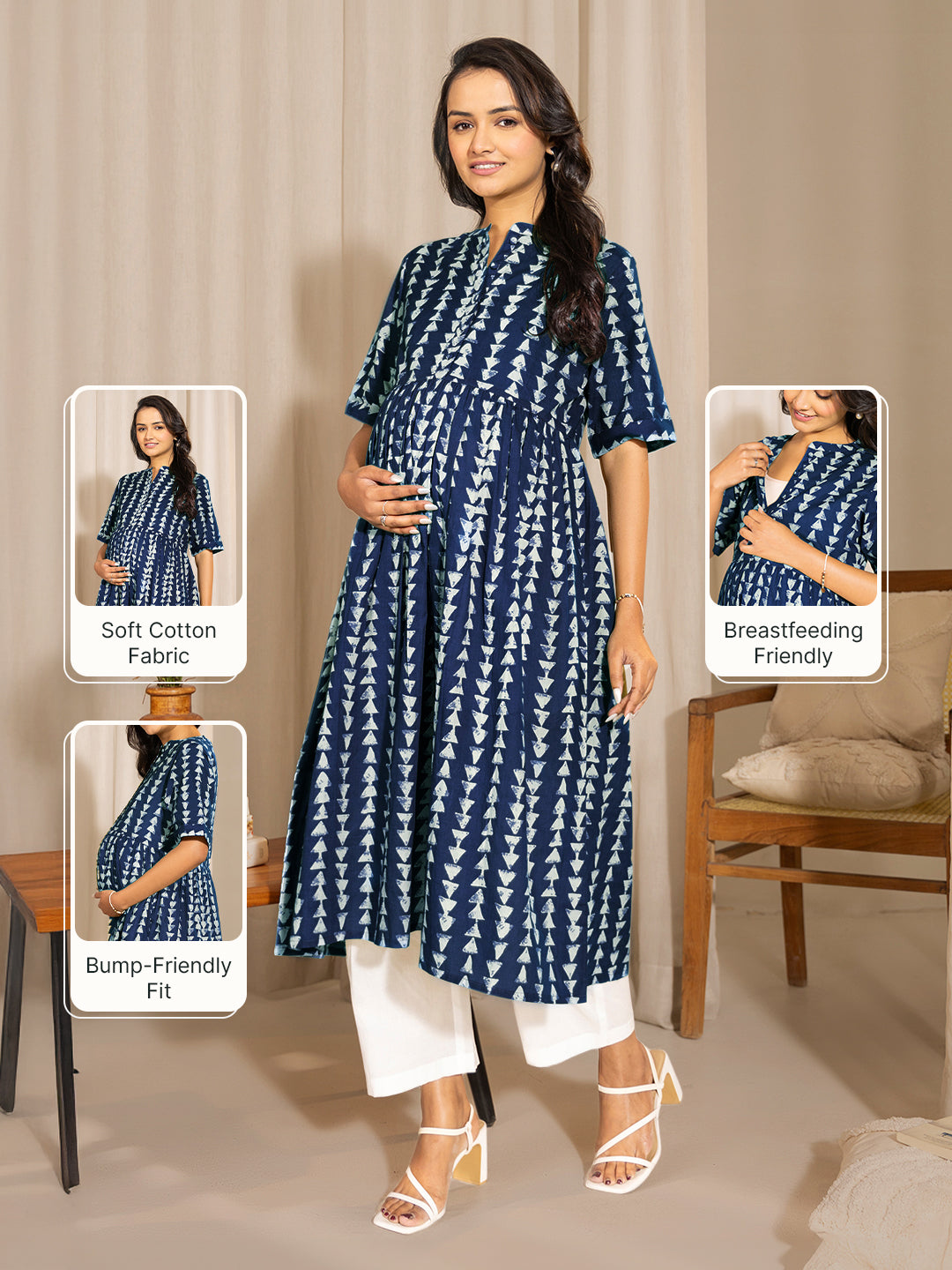 Indigo Pure Cotton Geometric Printed A-line Maternity Kurta