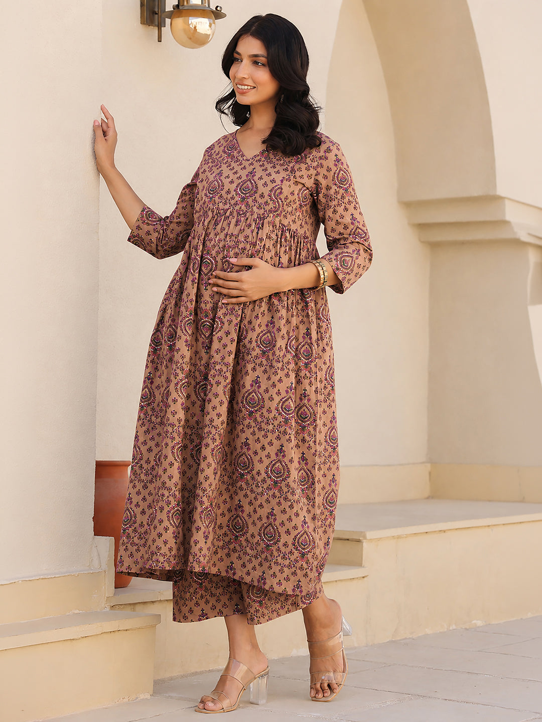 Janasya Women's light Brown Pure Cotton Ethnic Motifs Printed A-Line Maternity Kurta with Pant Set