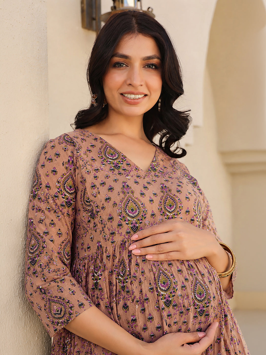 Janasya Women's light Brown Pure Cotton Ethnic Motifs Printed A-Line Maternity Kurta with Pant Set