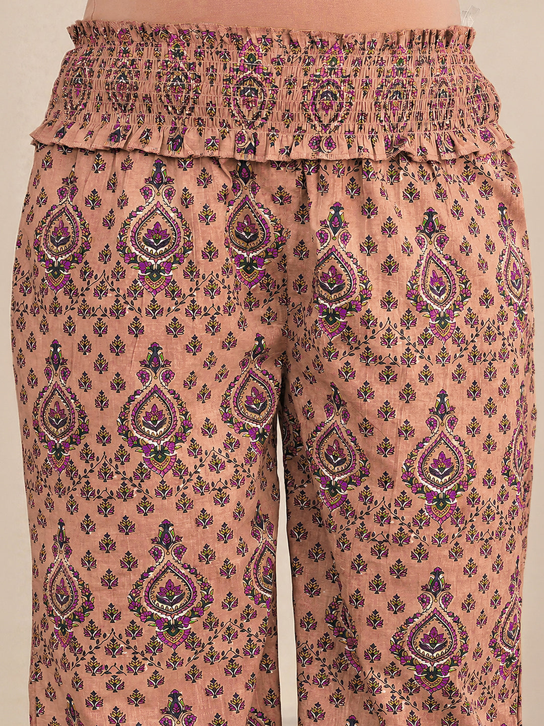 Janasya Women's light Brown Pure Cotton Ethnic Motifs Printed A-Line Maternity Kurta with Pant Set