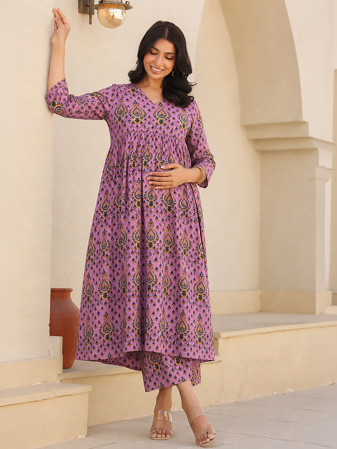 Janasya Women's Lavender Pure Cotton Ethnic Motifs Printed A-Line Maternity Kurta with Pant Set