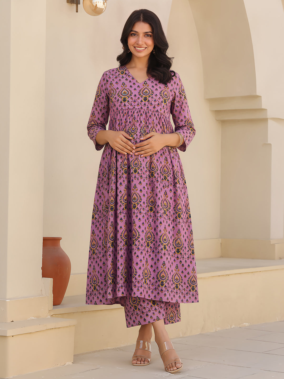 Janasya Women's Lavender Pure Cotton Ethnic Motifs Printed A-Line Maternity Kurta with Pant Set