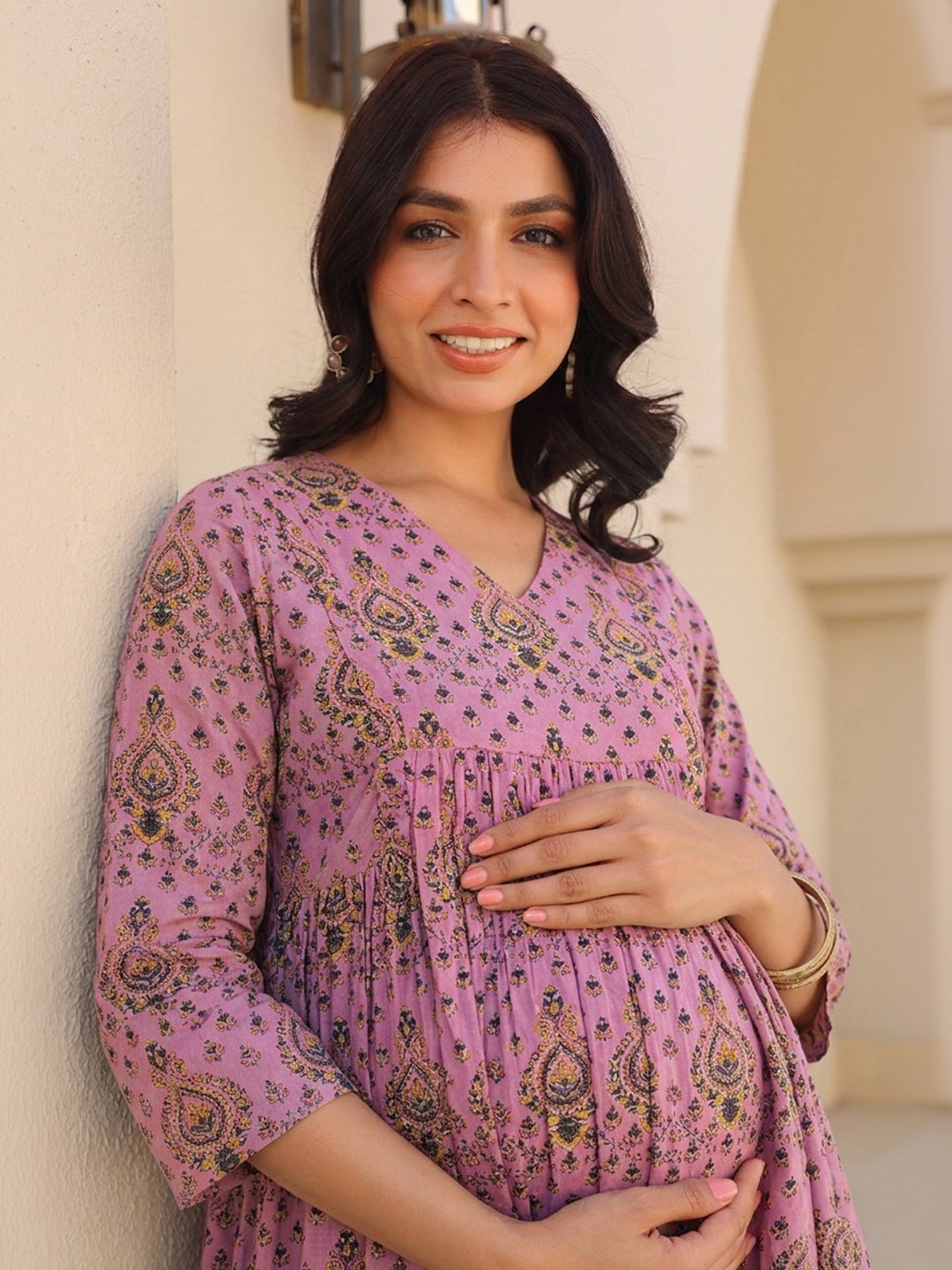 Janasya Women's Lavender Pure Cotton Ethnic Motifs Printed A-Line Maternity Kurta with Pant Set