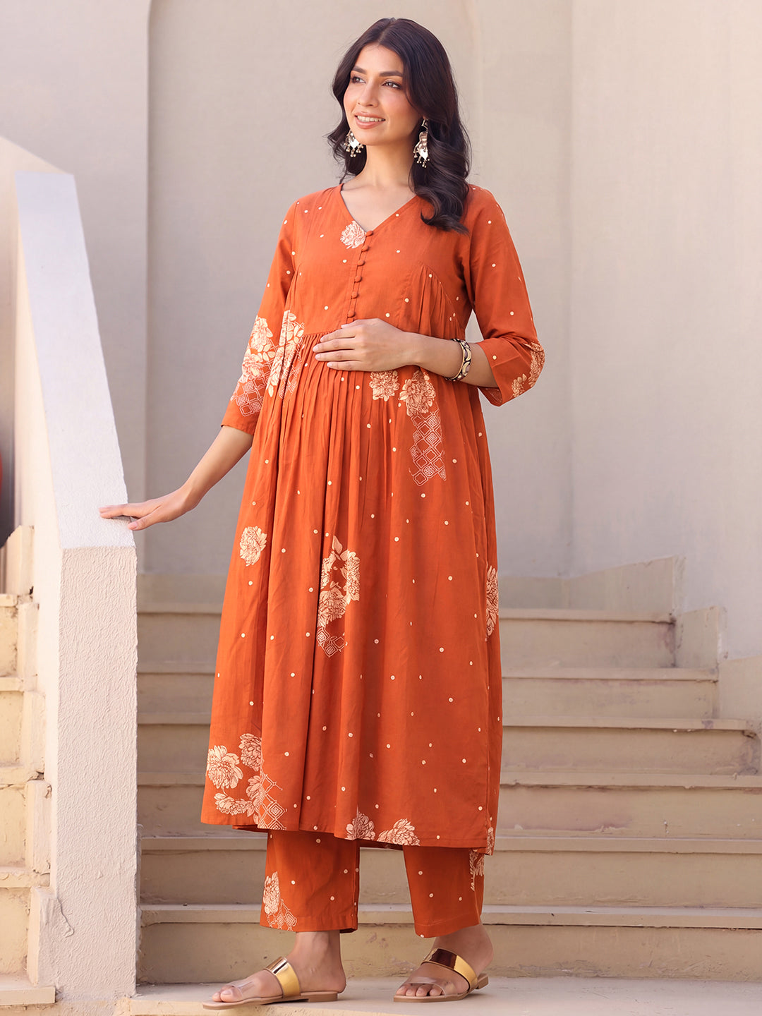 Janasya Women's Maternity Orange Pure Cotton Floral Printed A-Line Kurta Pant Set
