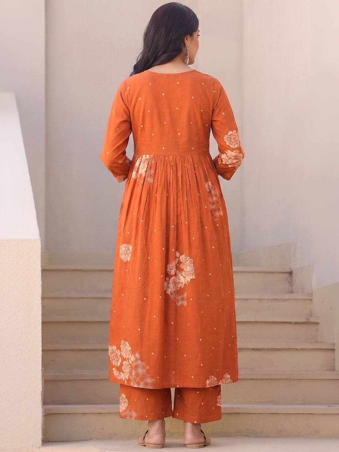 Janasya Women's Maternity Orange Pure Cotton Floral Printed A-Line Kurta Pant Set