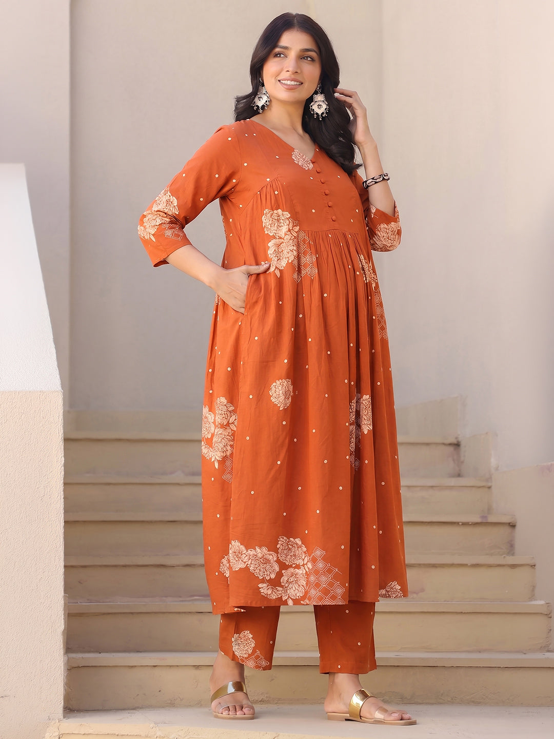 Janasya Women's Maternity Orange Pure Cotton Floral Printed A-Line Kurta Pant Set
