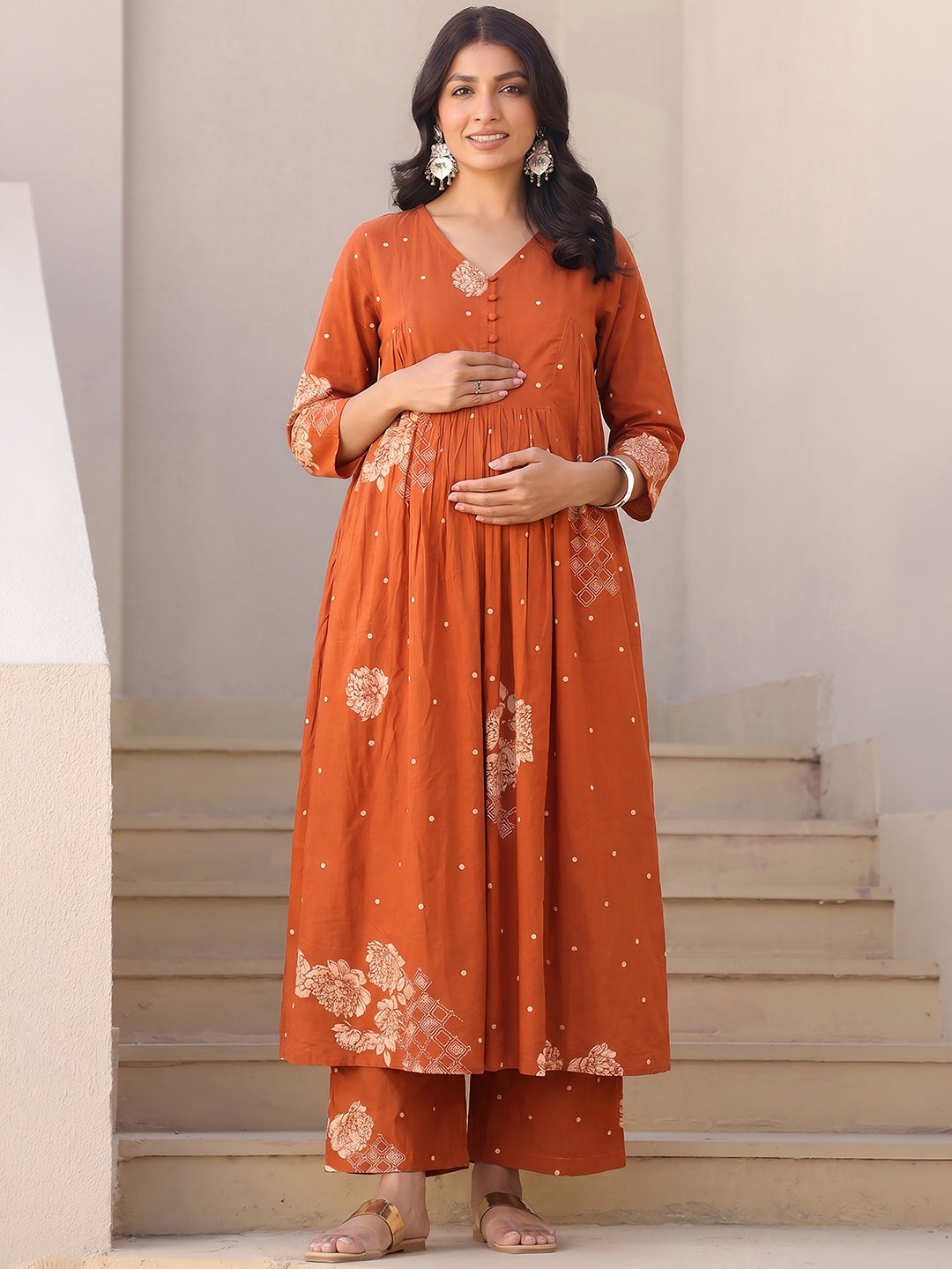 Janasya Women's Maternity Orange Pure Cotton Floral Printed A-Line Kurta Pant Set
