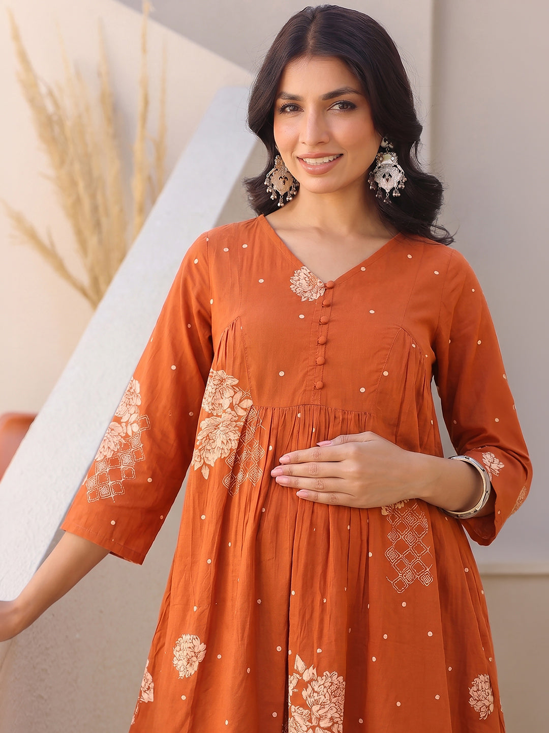 Janasya Women's Maternity Orange Pure Cotton Floral Printed A-Line Kurta Pant Set