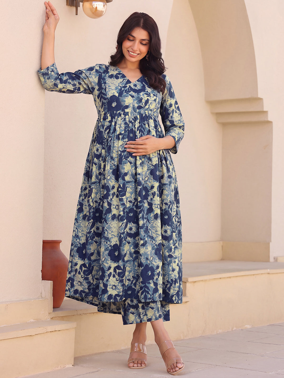 Janasya Women's Navy Blue Pure Cotton Floral Printed A-Line Maternity Co-Ord Set