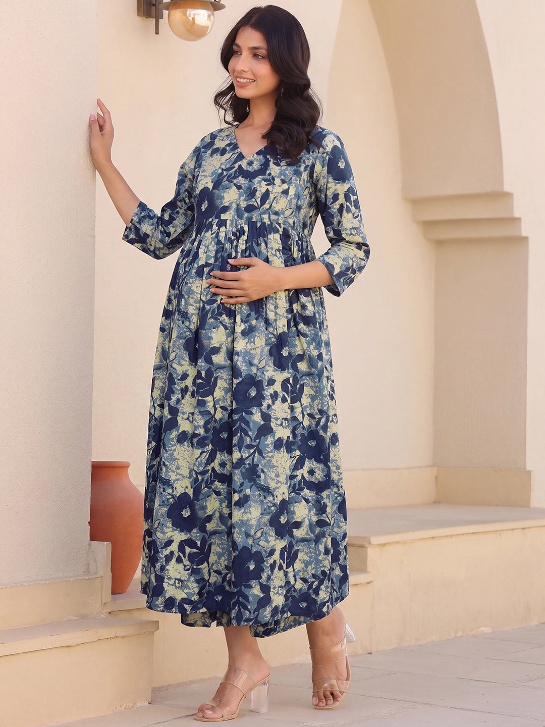Janasya Women's Navy Blue Pure Cotton Floral Printed A-Line Maternity Co-Ord Set