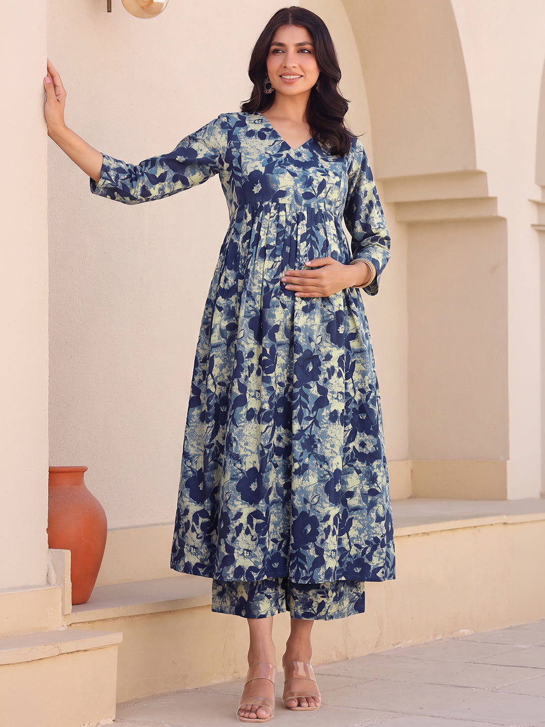 Janasya Women's Navy Blue Pure Cotton Floral Printed A-Line Maternity Co-Ord Set