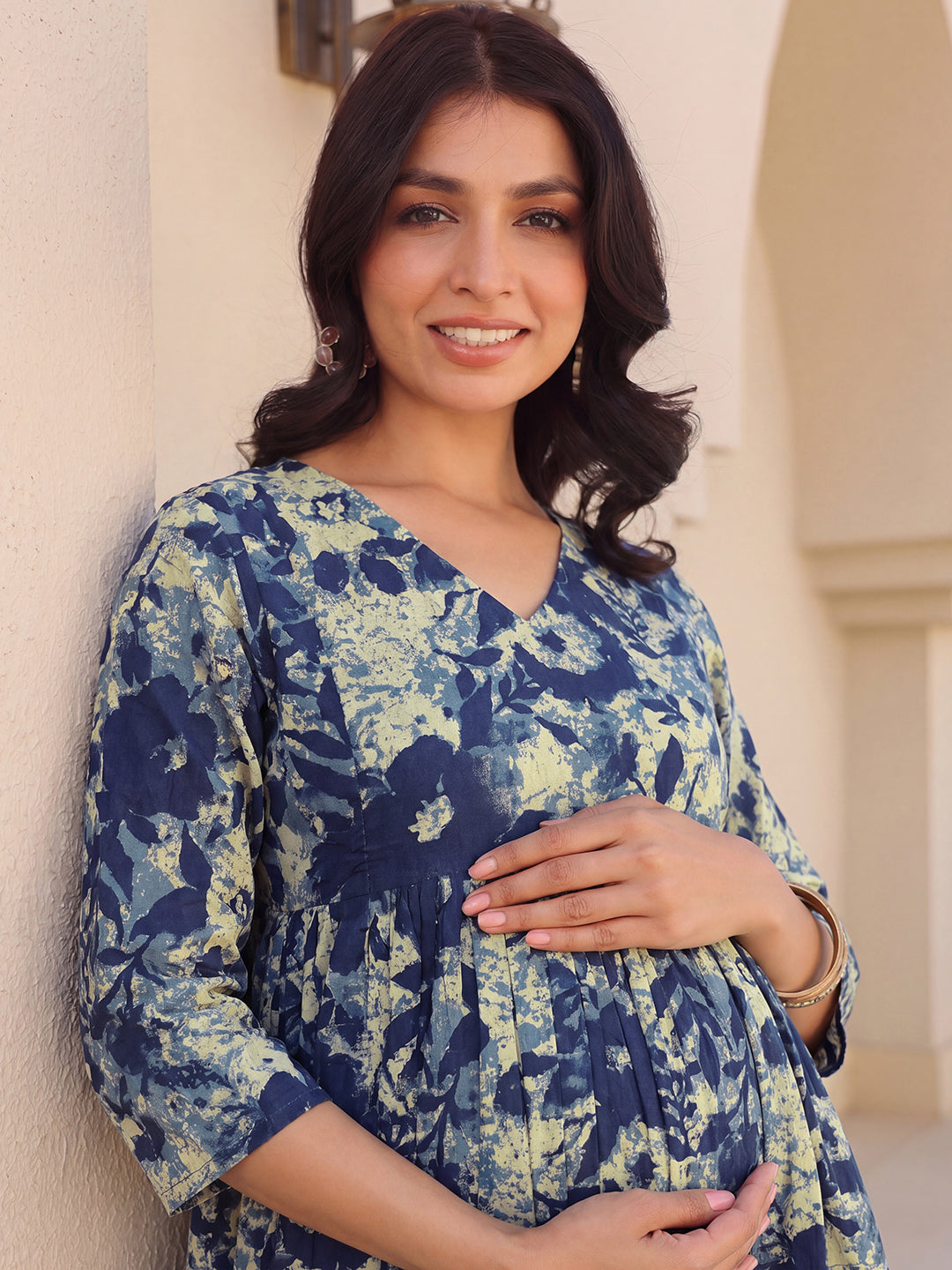 Janasya Women's Navy Blue Pure Cotton Floral Printed A-Line Maternity Co-Ord Set