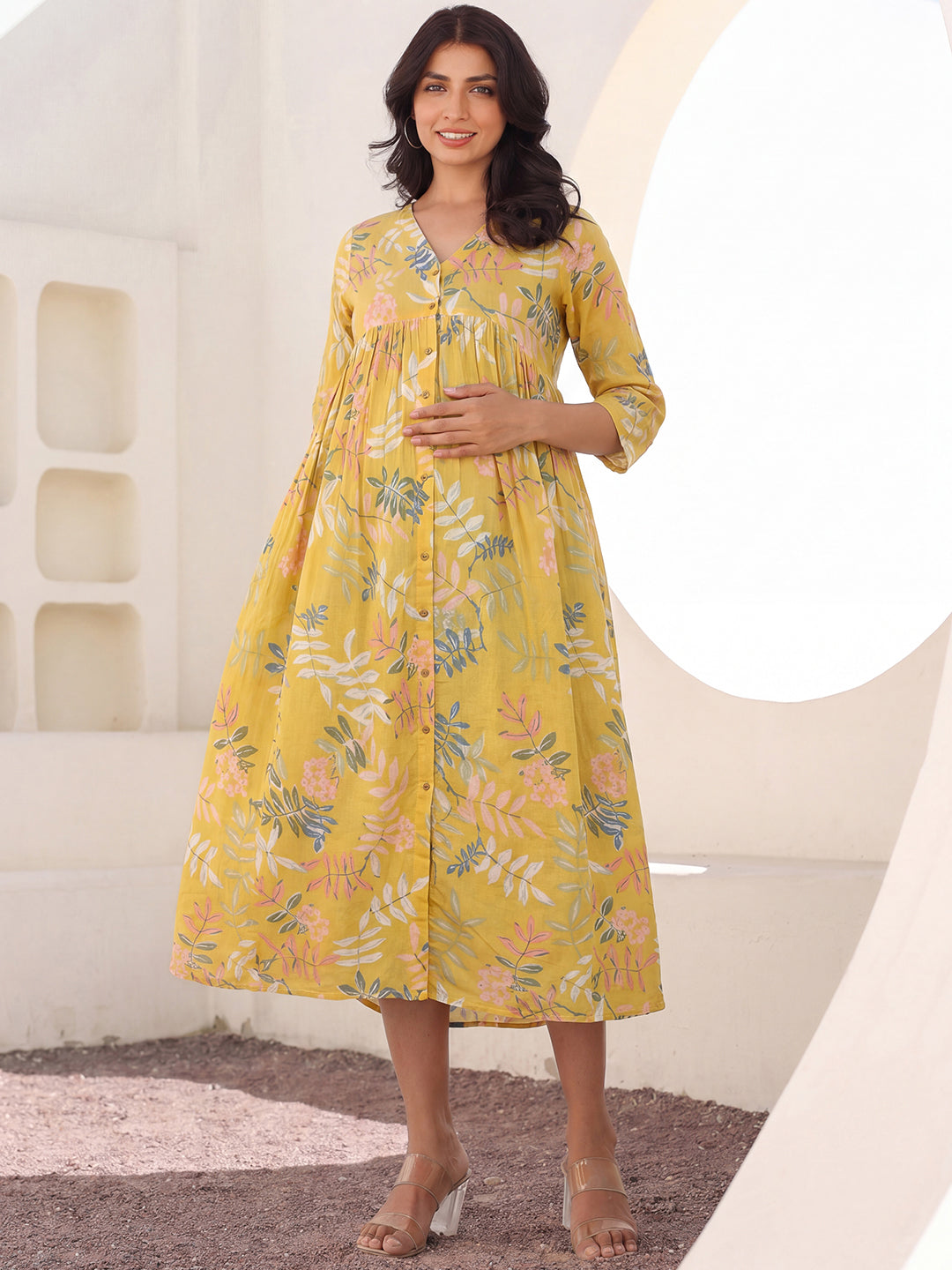 Janasya Women's Maternity Yellow Pure Cotton Leaf Printed A-Line Dress