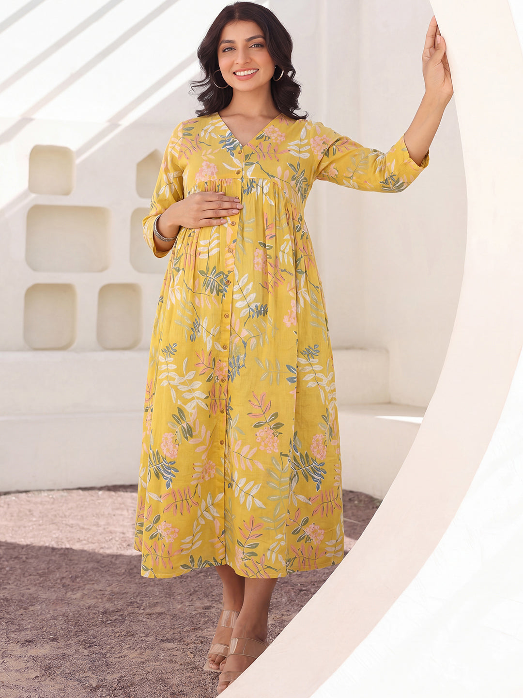 Janasya Women's Maternity Yellow Pure Cotton Leaf Printed A-Line Dress