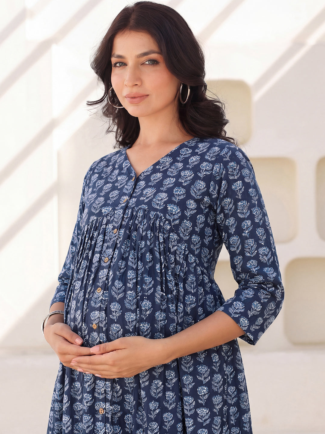 Janasya Women's Navy Blue Pure Cotton Floral Printed A-Line Maternity Dress