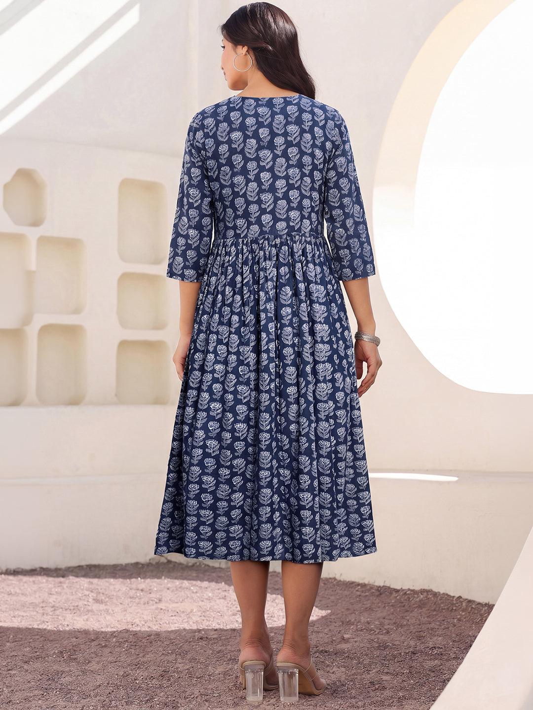 Janasya Women's Navy Blue Pure Cotton Floral Printed A-Line Maternity Dress