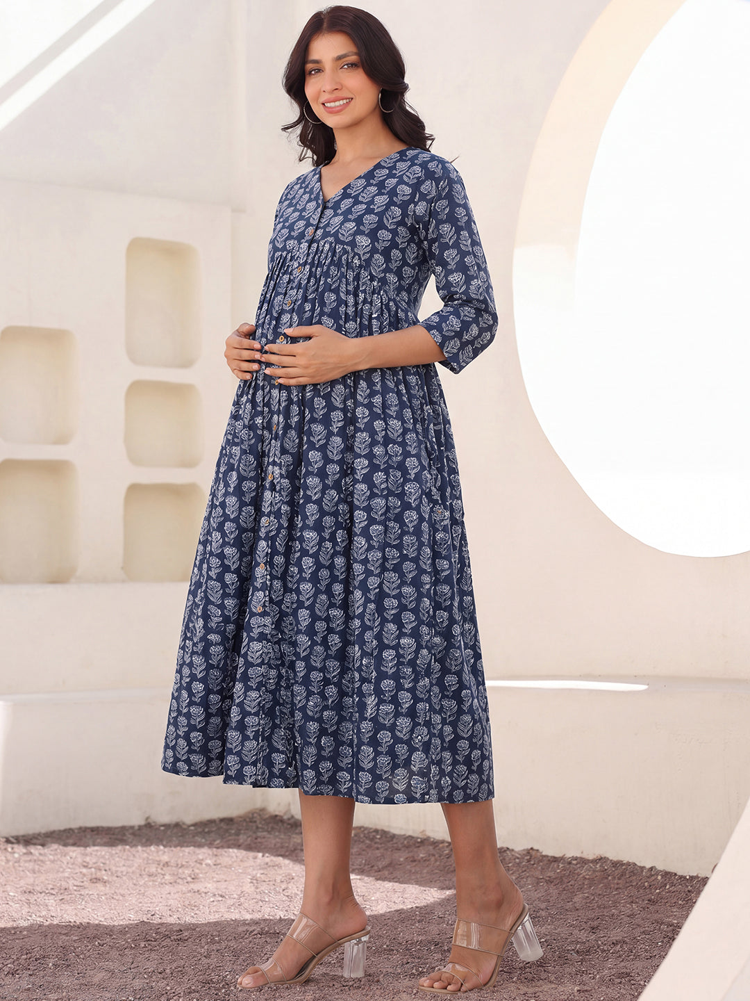 Janasya Women's Navy Blue Pure Cotton Floral Printed A-Line Maternity Dress