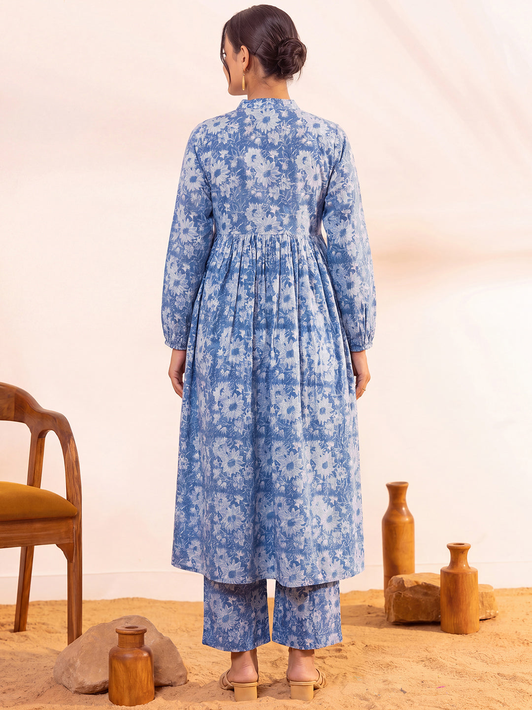Janasya Women's Blue Pure Cotton Floral Printed A-Line Maternity Kurta Pant Set