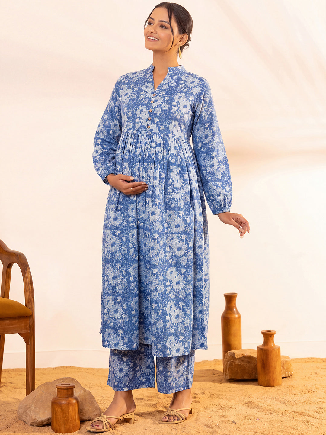Janasya Women's Blue Pure Cotton Floral Printed A-Line Maternity Kurta Pant Set
