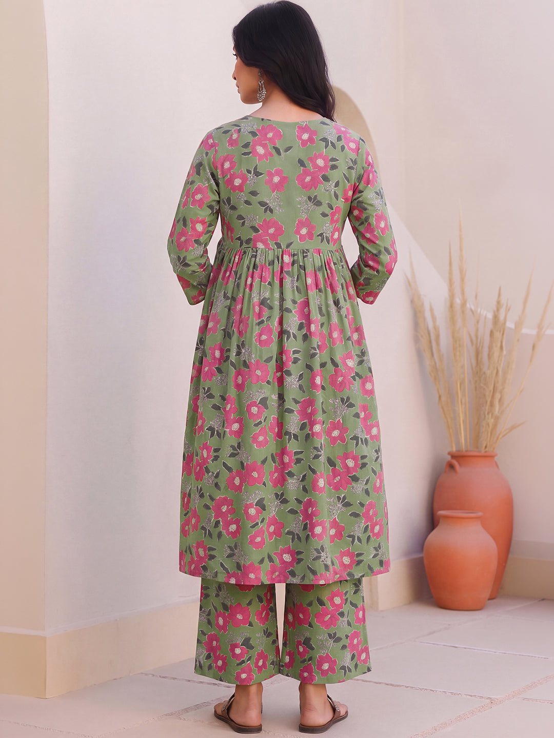 Janasya Women's Olive Green Pure Cotton Floral Printed A-Line Maternity Kurta Pant Set
