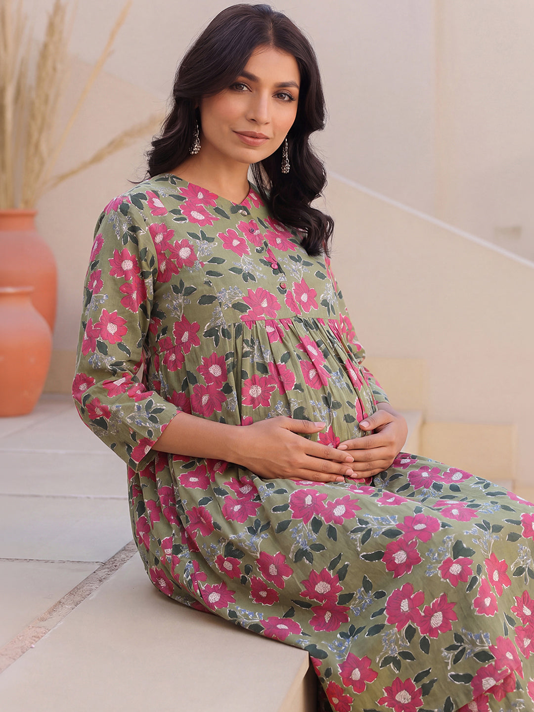 Janasya Women's Olive Green Pure Cotton Floral Printed A-Line Maternity Kurta Pant Set