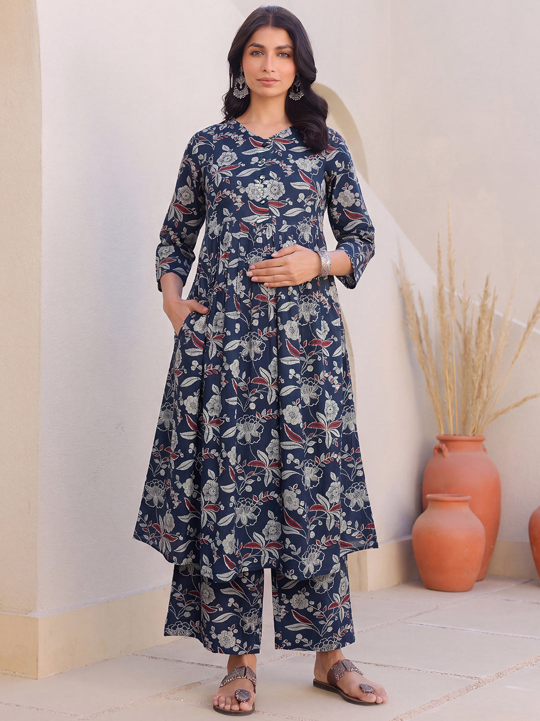 Janasya Women's Navy Blue Pure Cotton Floral Printed A-Line Maternity Kurta Pant Set