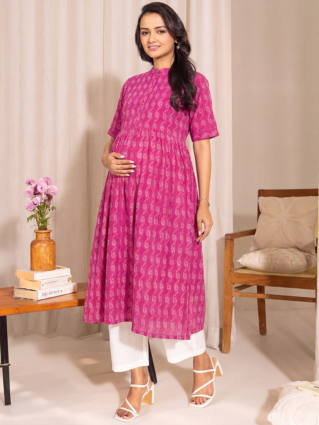 Janasya Women's Pink Pure Cotton Ikkat Printed A-Line Maternity Kurta