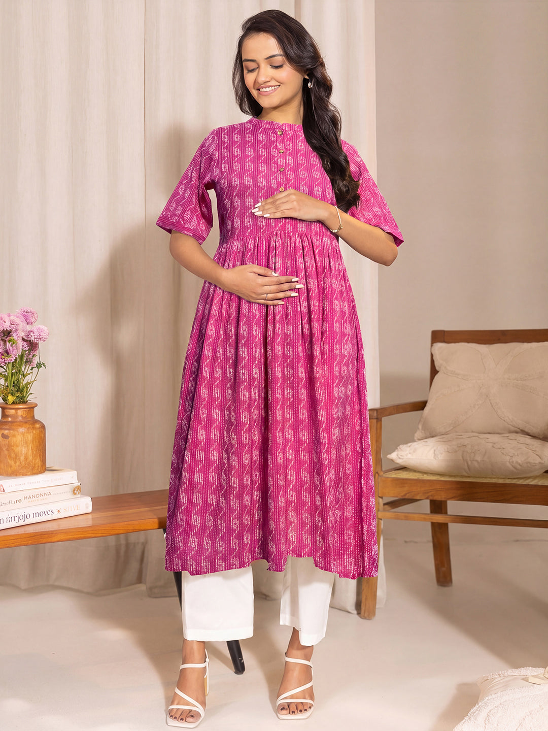Janasya Women's Pink Pure Cotton Ikkat Printed A-Line Maternity Kurta