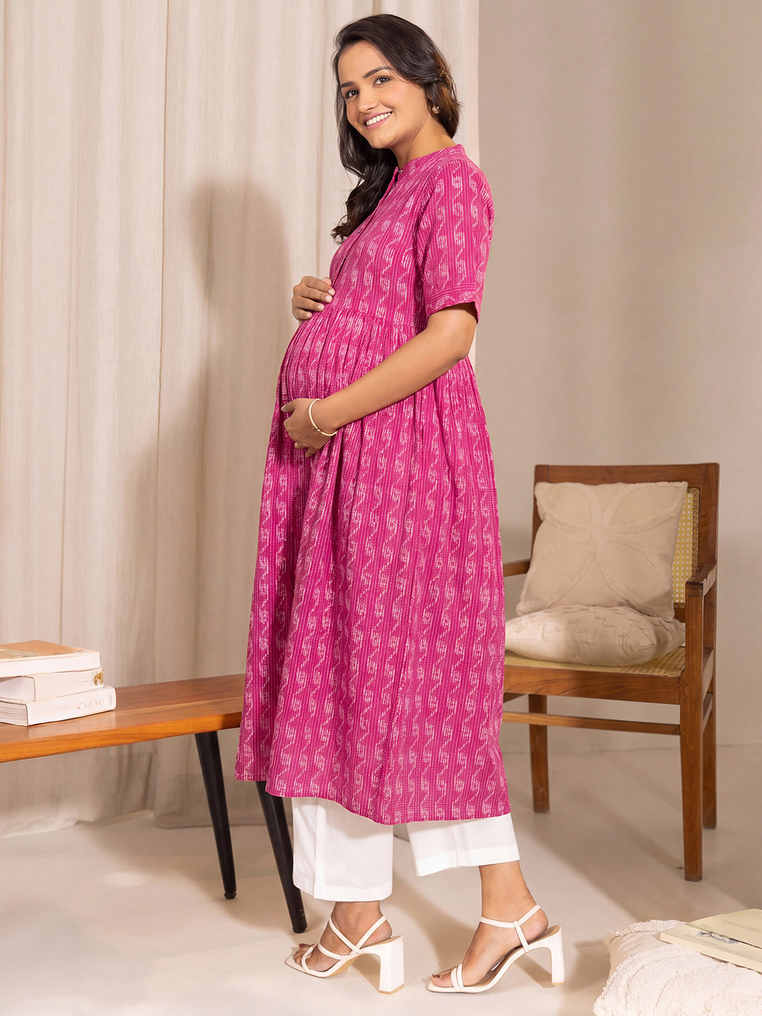 Janasya Women's Pink Pure Cotton Ikkat Printed A-Line Maternity Kurta