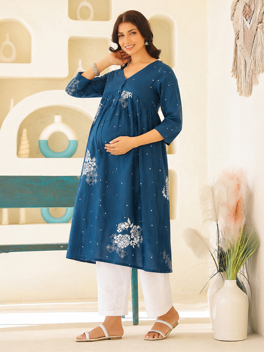 Janasya Women's Maternity Teal Blue Pure Cotton Floral Printed A-Line Kurta