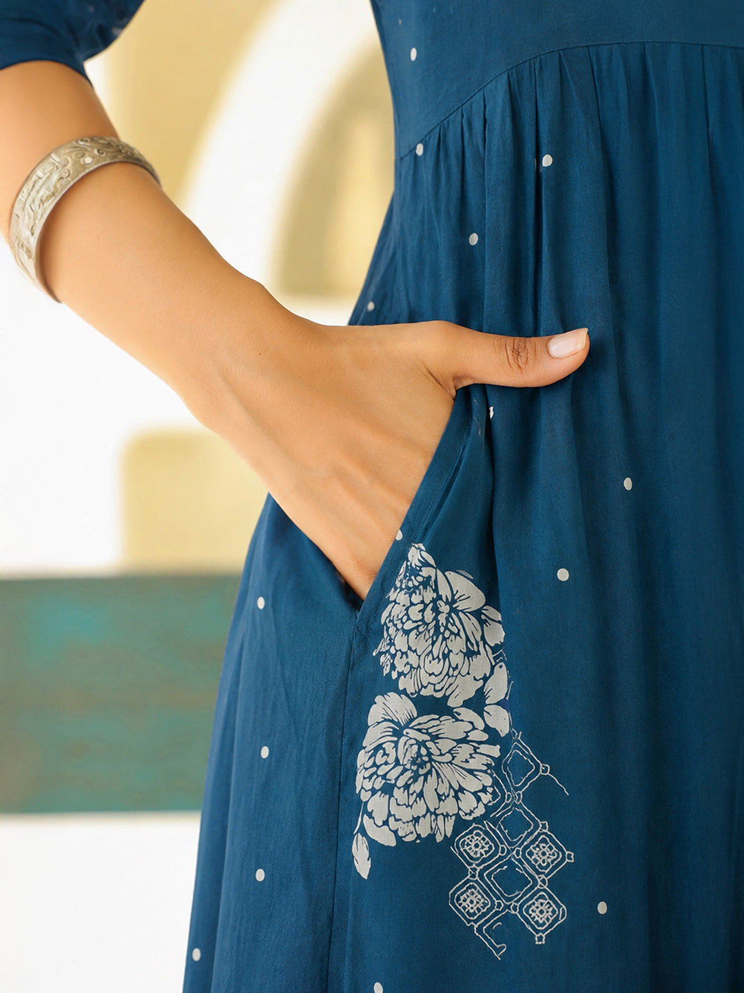 Janasya Women's Maternity Teal Blue Pure Cotton Floral Printed A-Line Kurta