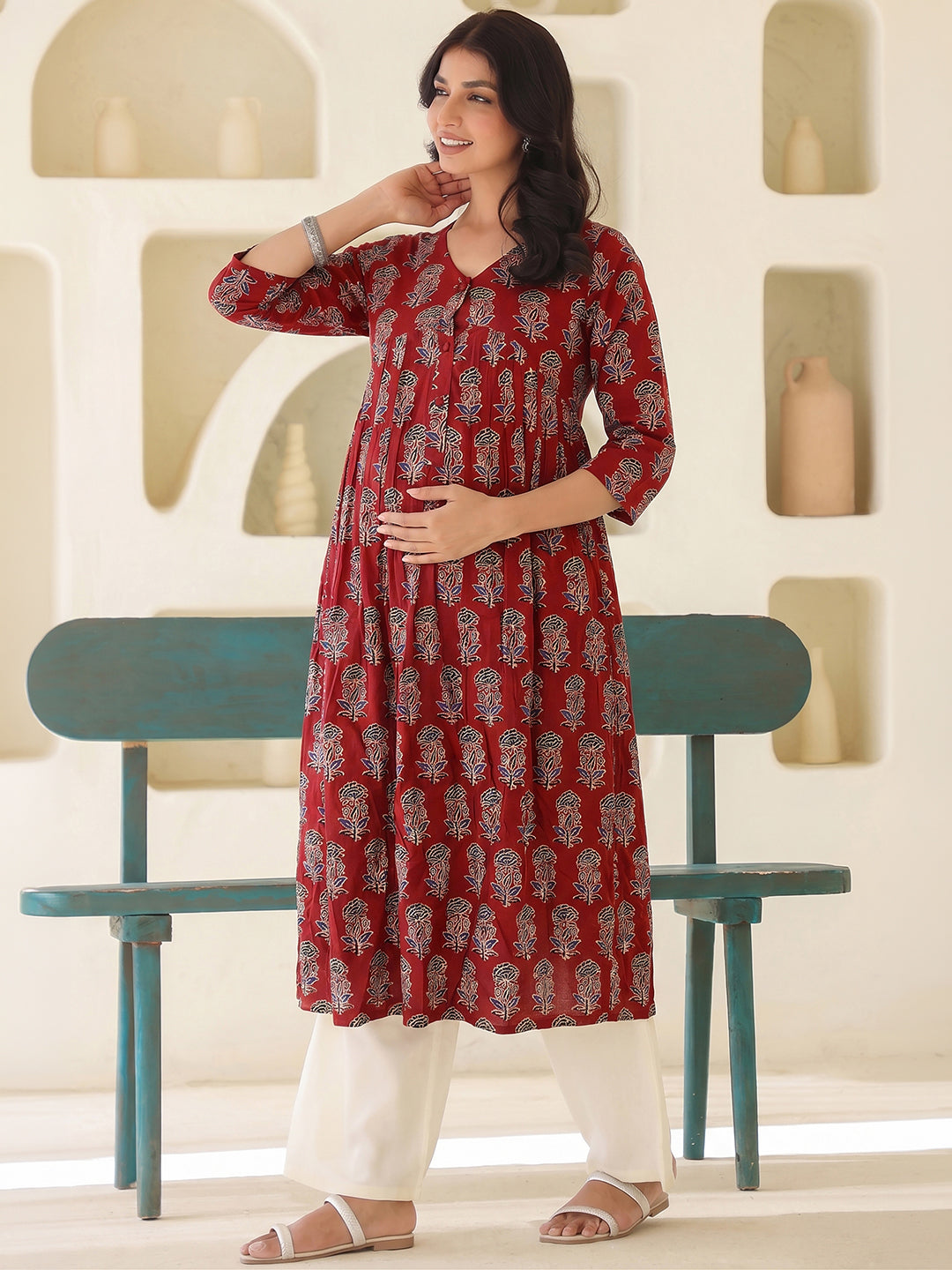 Janasya Women's Maternity Maroon Pure Cotton Ethnic Motifs Printed A-Line Kurta
