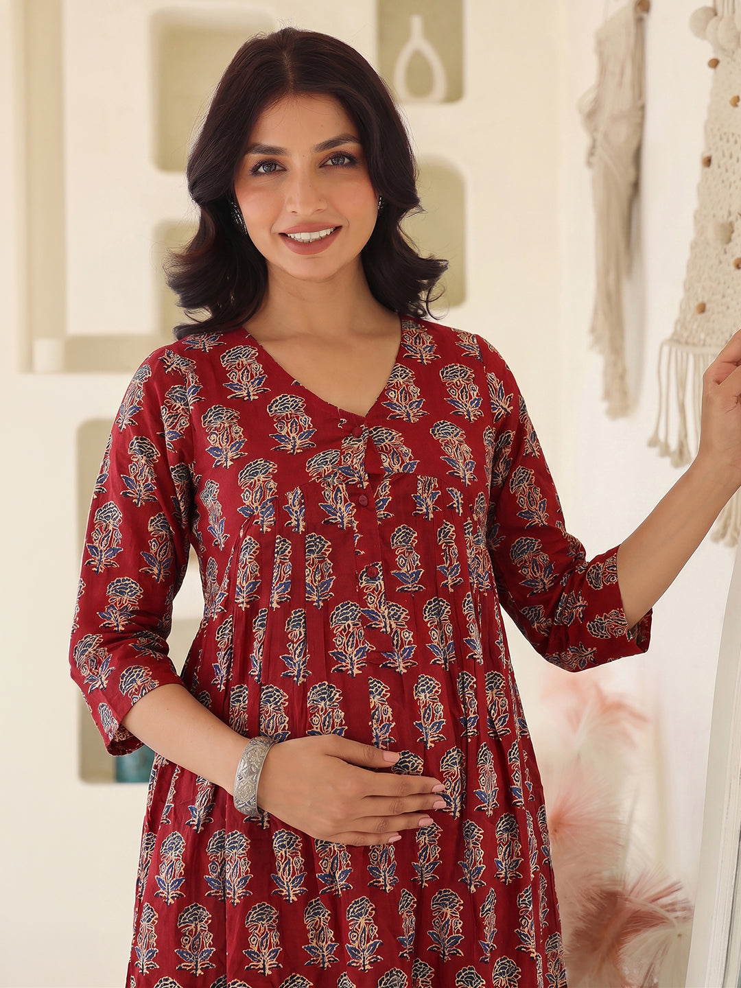 Janasya Women's Maternity Maroon Pure Cotton Ethnic Motifs Printed A-Line Kurta