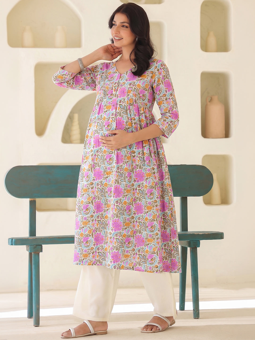 Janasya Women's Maternity Multicolor Pure Cotton Floral Printed A-Line Kurta