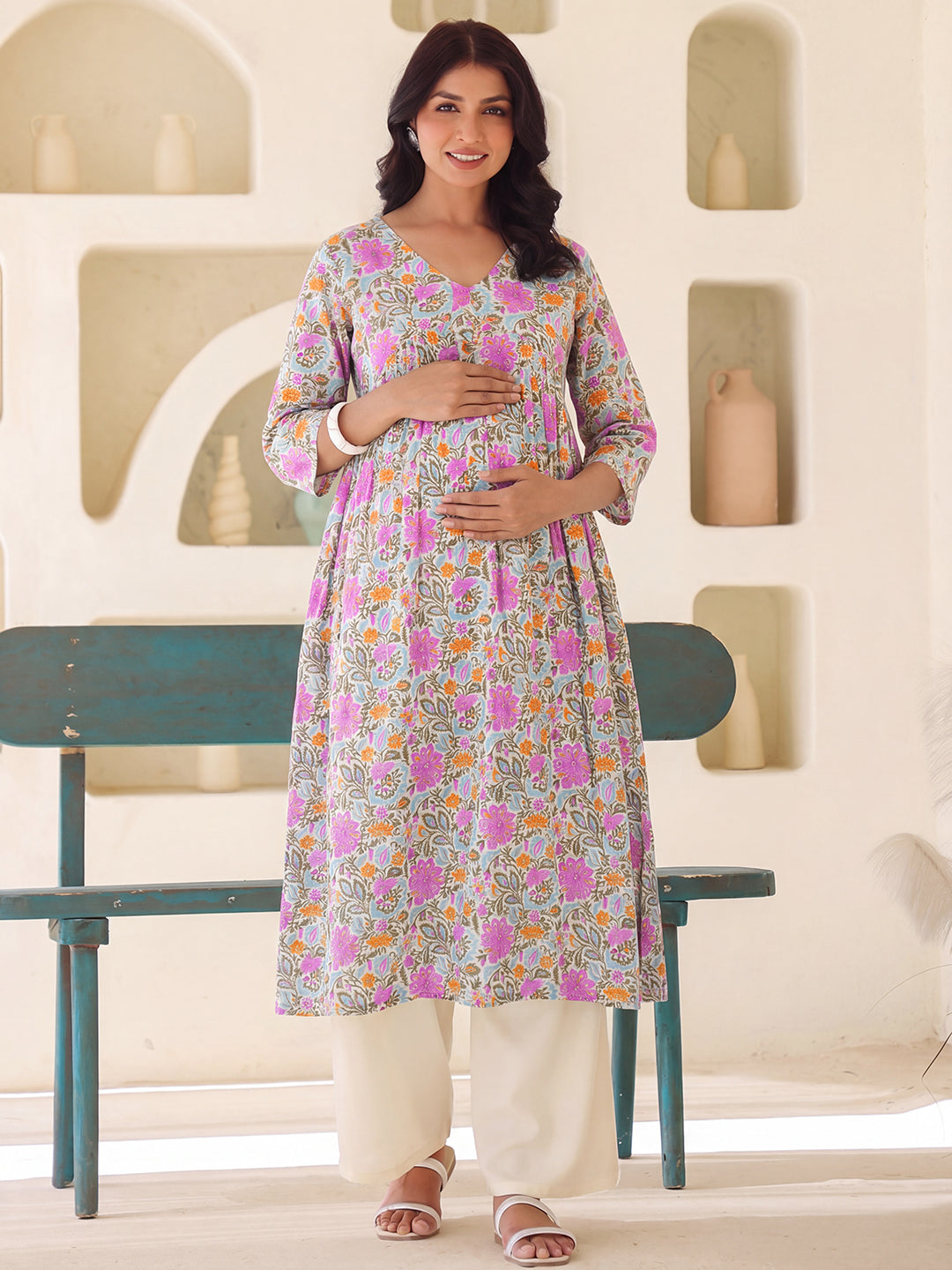Janasya Women's Maternity Multicolor Pure Cotton Floral Printed A-Line Kurta