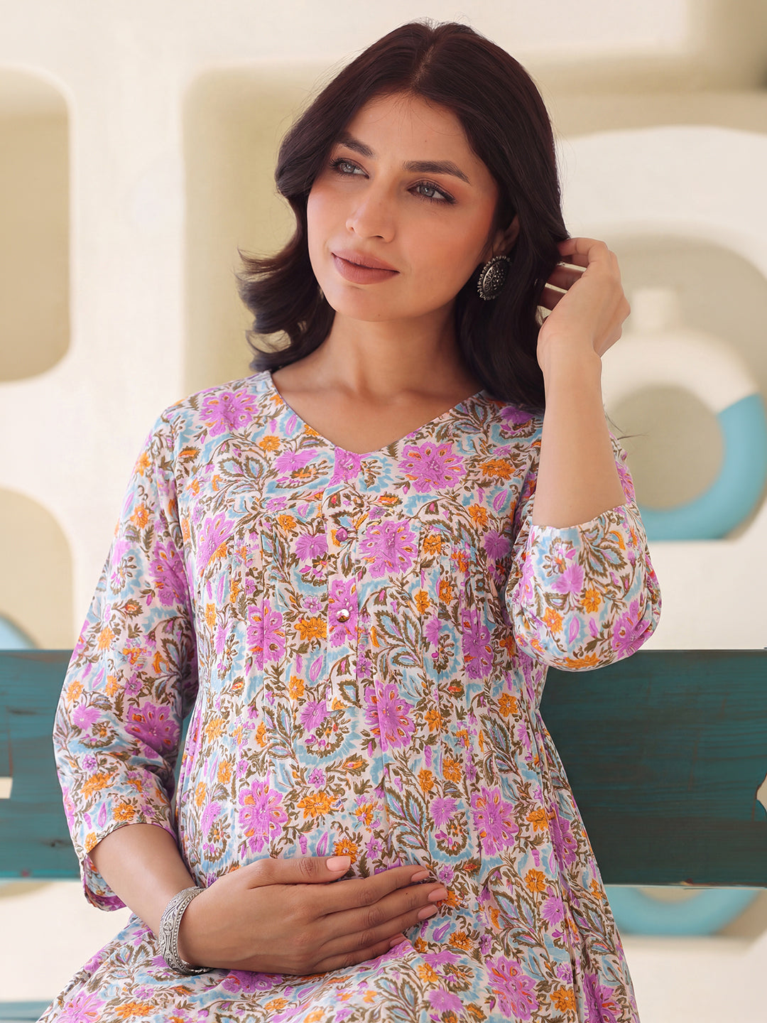 Janasya Women's Maternity Multicolor Pure Cotton Floral Printed A-Line Kurta