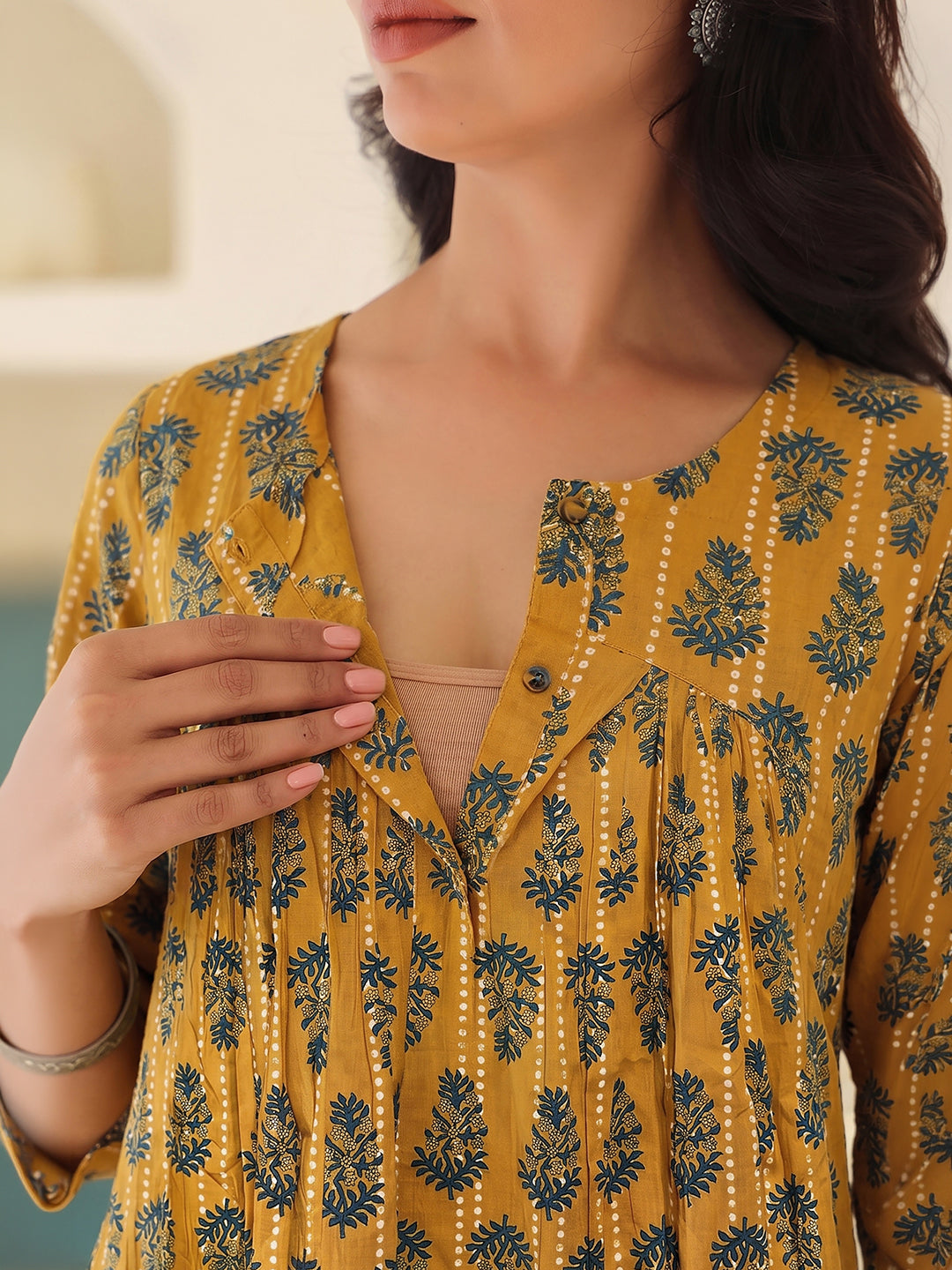Janasya Women's Mustard Pure Cotton Ethnic Motifs Printed A-Line Maternity Kurta